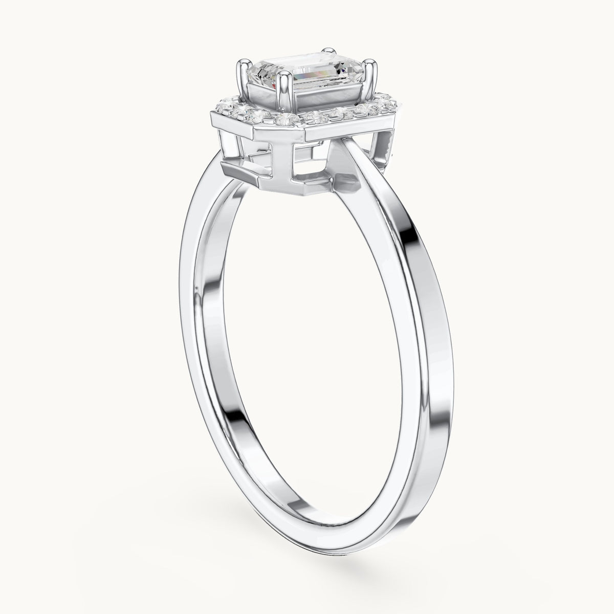 Emerald-cut lab-grown diamond octagonal halo engagement ring in white gold, 0.47 CT TW, view 1