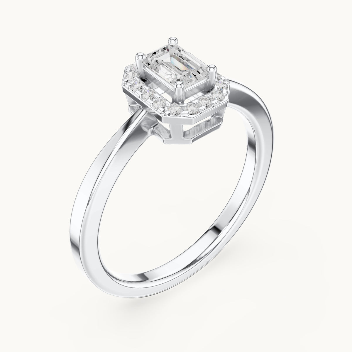 Emerald-cut lab-grown diamond octagonal halo engagement ring in white gold, 0.47 CT TW, view 2