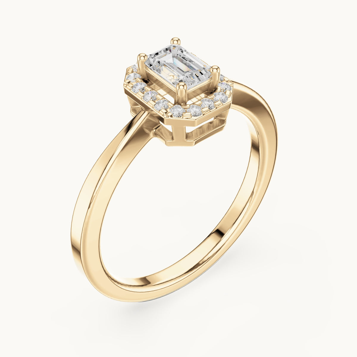 Emerald-cut lab-grown diamond octagonal halo engagement ring in yellow gold, 0.47 CT TW, view 2