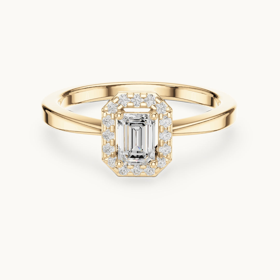 Emerald-cut lab-grown diamond octagonal halo engagement ring in yellow gold, 0.47 CT TW, view 4