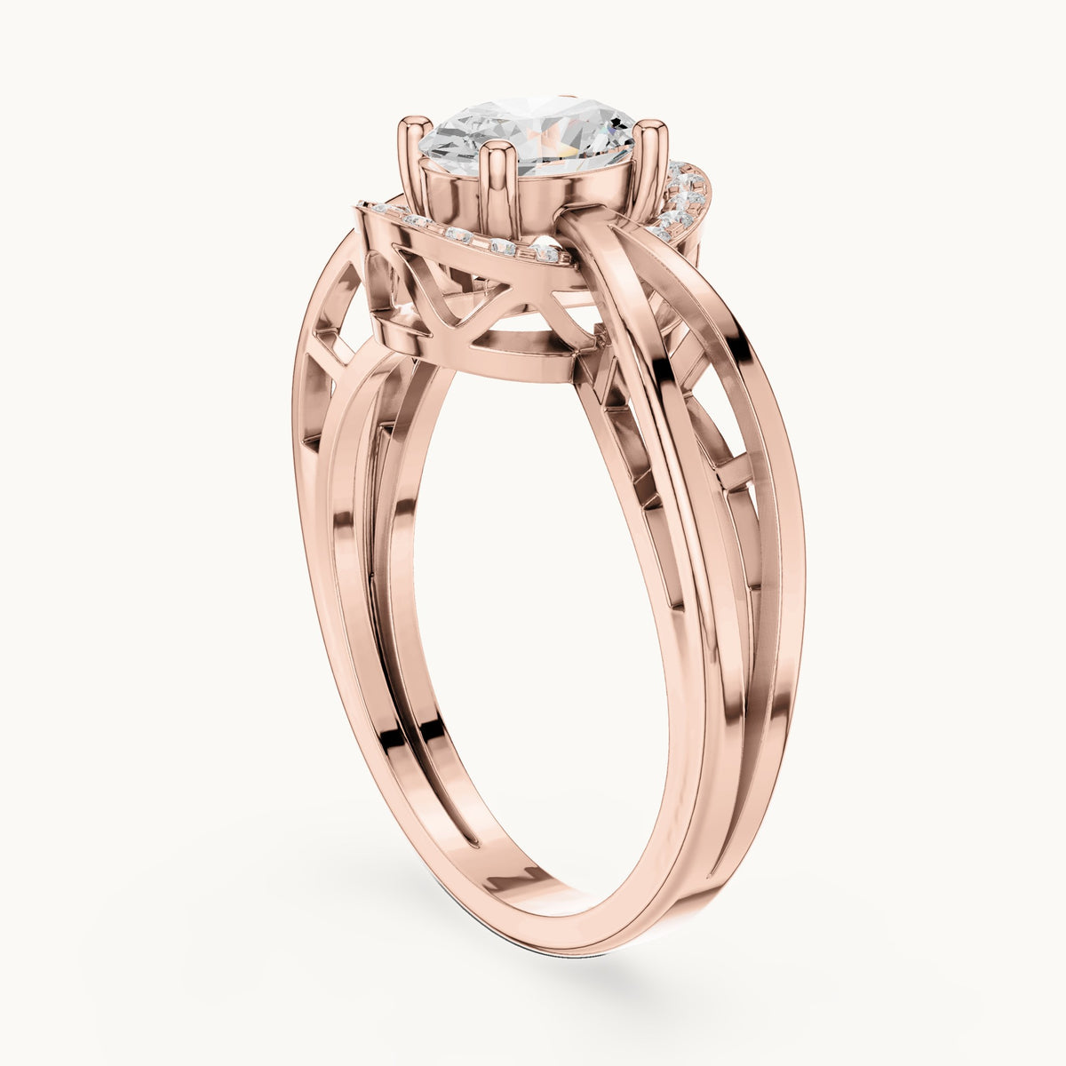 Oval lab-grown diamond halo engagement ring with twisted band in rose gold, 0.76 CT TW, view 1