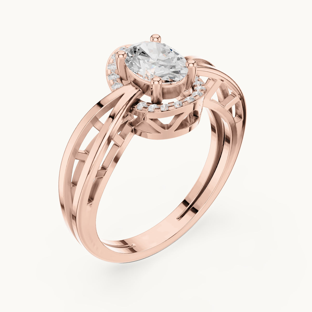 Oval lab-grown diamond halo engagement ring with twisted band in rose gold, 0.76 CT TW, view 2