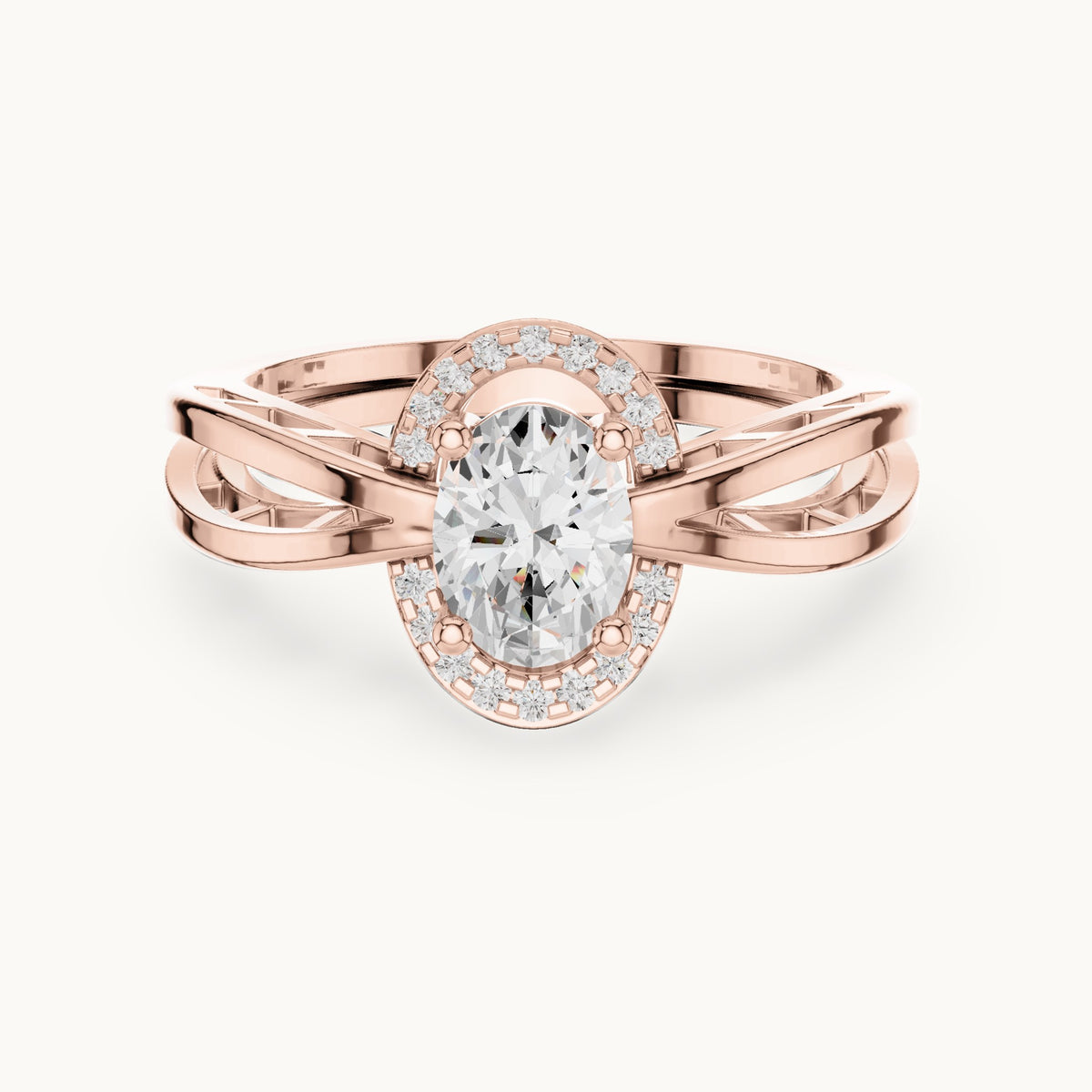 Oval lab-grown diamond halo engagement ring with twisted band in rose gold, 0.76 CT TW, view 4