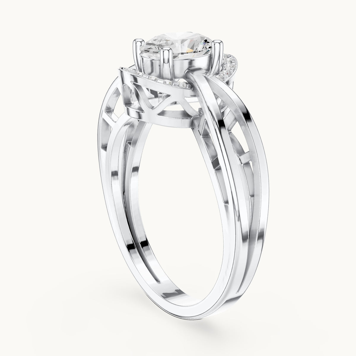 Oval lab-grown diamond halo engagement ring with twisted band in white gold, 0.76 CT TW, view 1