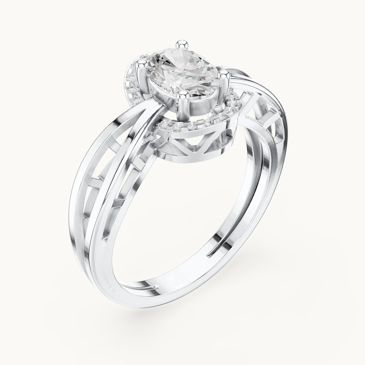 Oval lab-grown diamond halo engagement ring with twisted band in white gold, 0.76 CT TW, view 2
