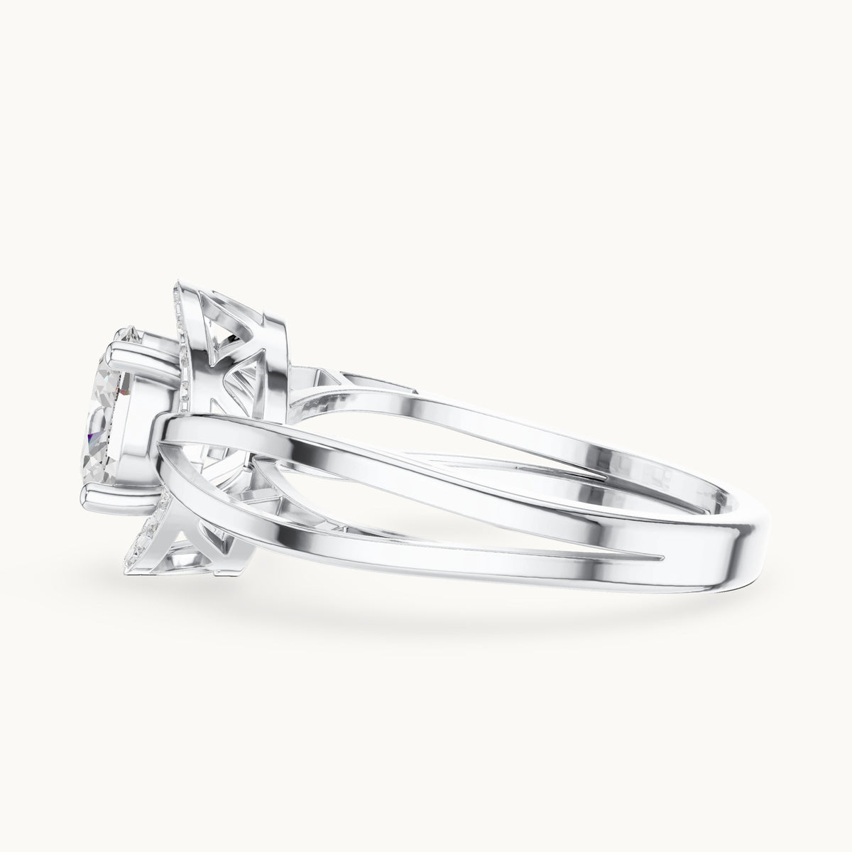 Oval lab-grown diamond halo engagement ring with twisted band in white gold, 0.76 CT TW, view 3