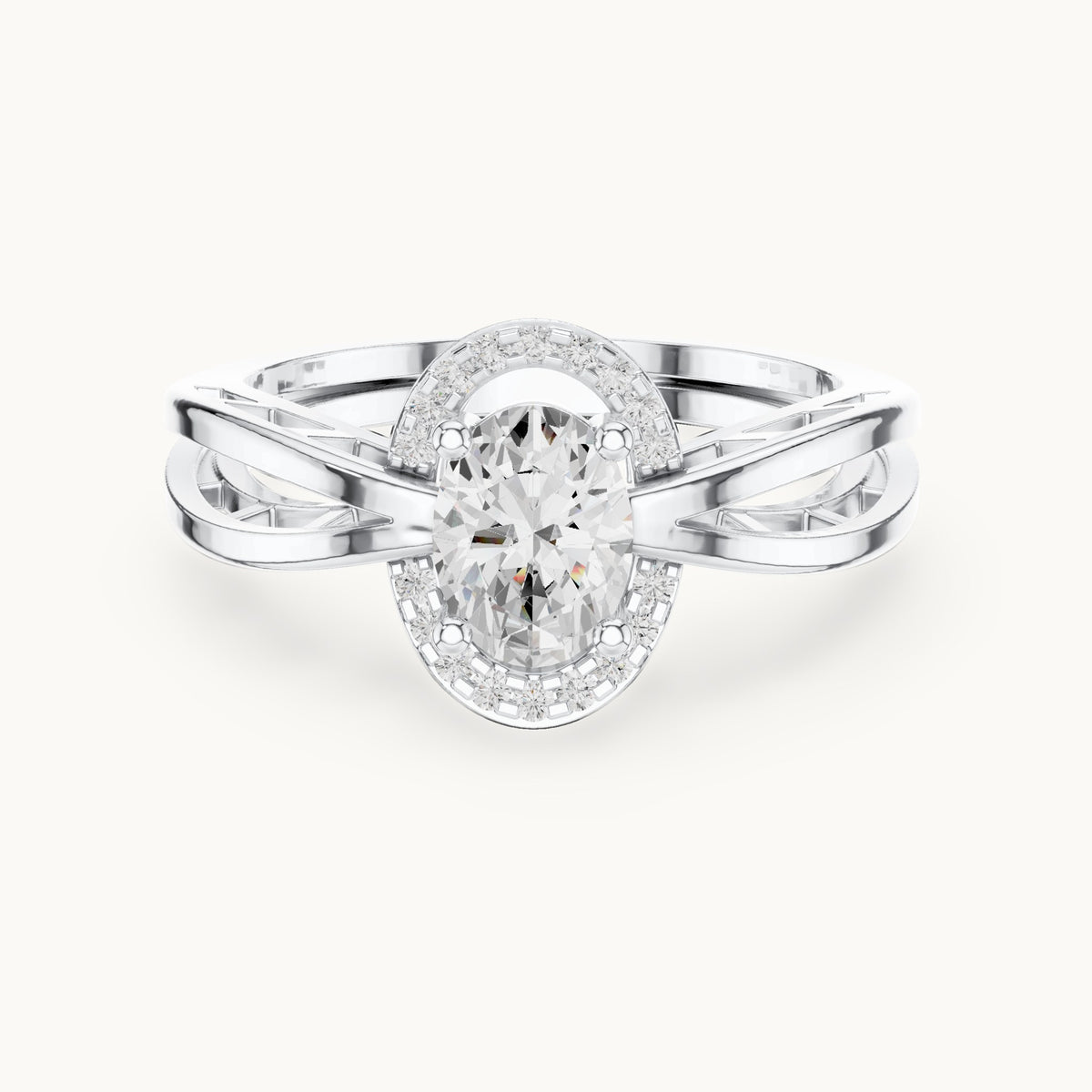 Oval lab-grown diamond halo engagement ring with twisted band in white gold, 0.76 CT TW, view 4