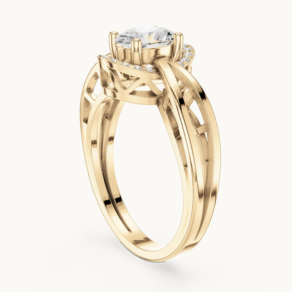 Oval lab-grown diamond halo engagement ring with twisted band in yellow gold, 0.76 CT TW, view 1