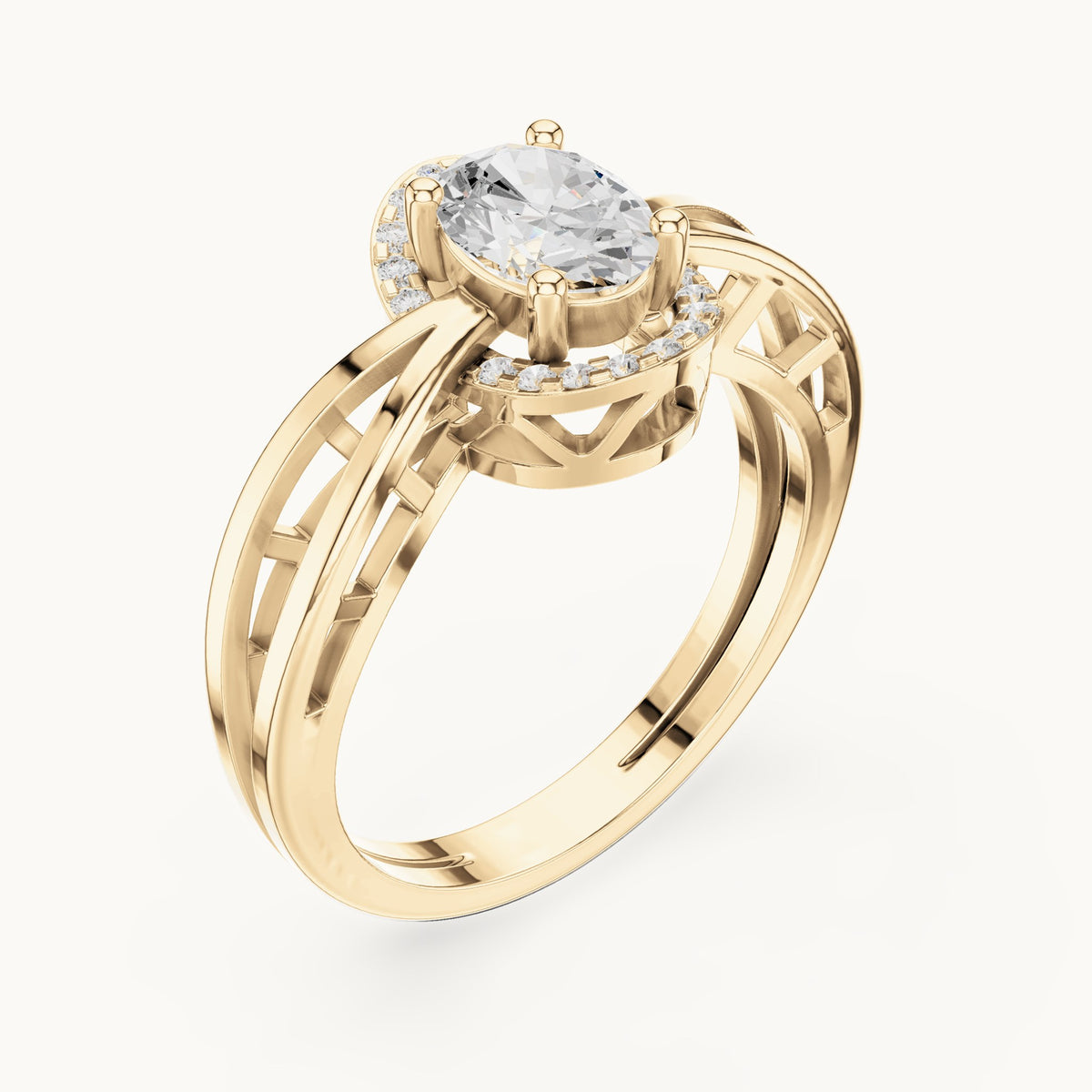 Oval lab-grown diamond halo engagement ring with twisted band in yellow gold, 0.76 CT TW, view 2