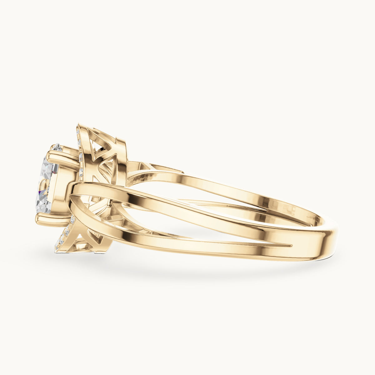 Oval lab-grown diamond halo engagement ring with twisted band in yellow gold, 0.76 CT TW, view 3