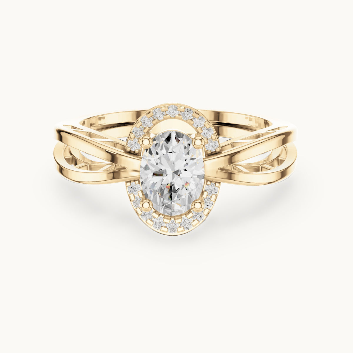 Oval lab-grown diamond halo engagement ring with twisted band in yellow gold, 0.76 CT TW, view 4