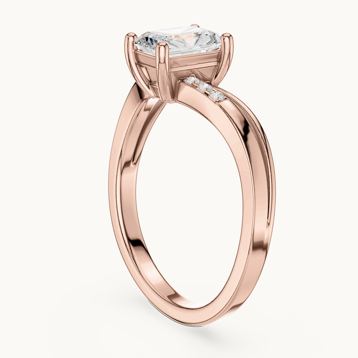 Radiant-cut lab-grown diamond cathedral engagement ring with accent diamonds in rose gold, 0.79 CT TW, view 1