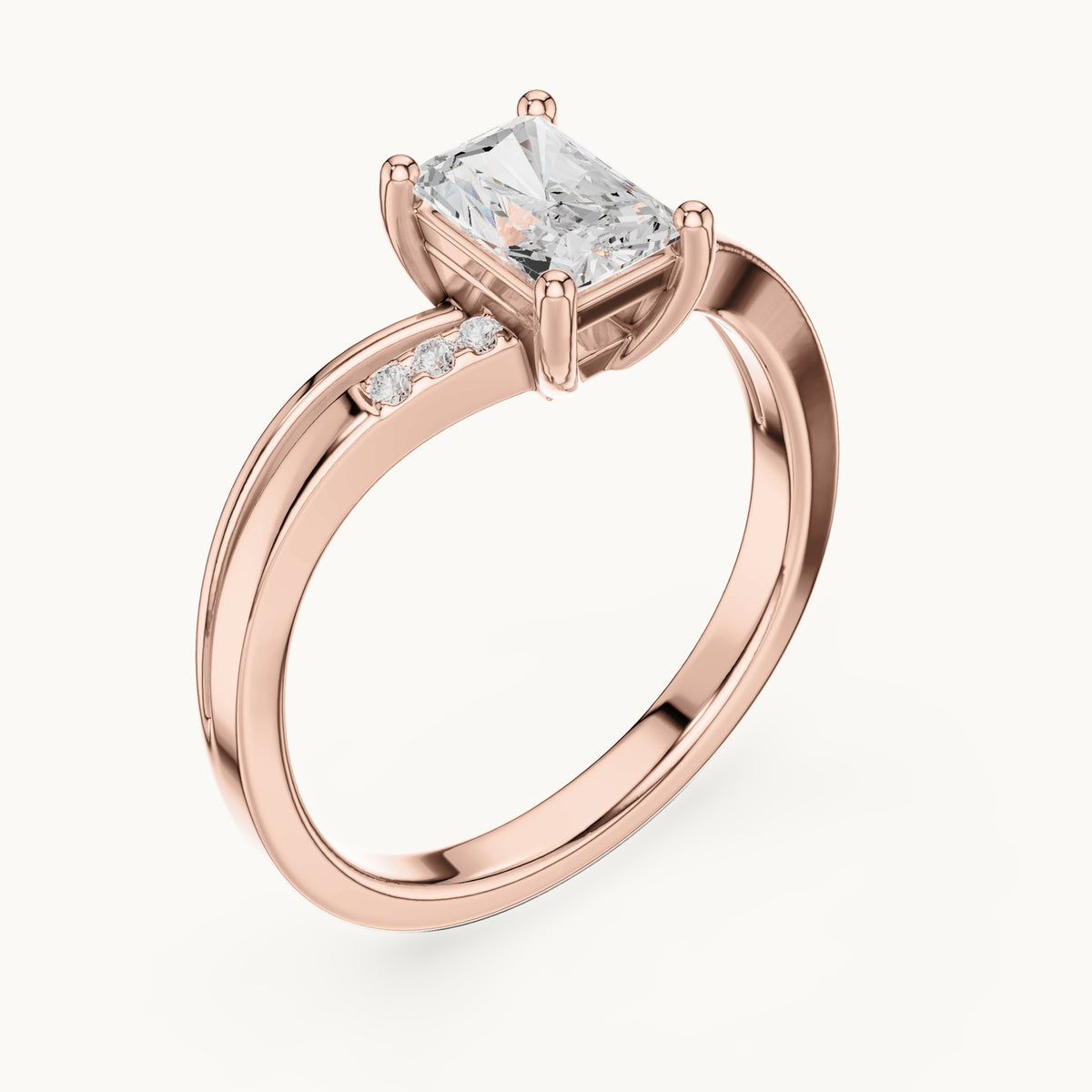 Radiant-cut lab-grown diamond cathedral engagement ring with accent diamonds in rose gold, 0.79 CT TW, view 2