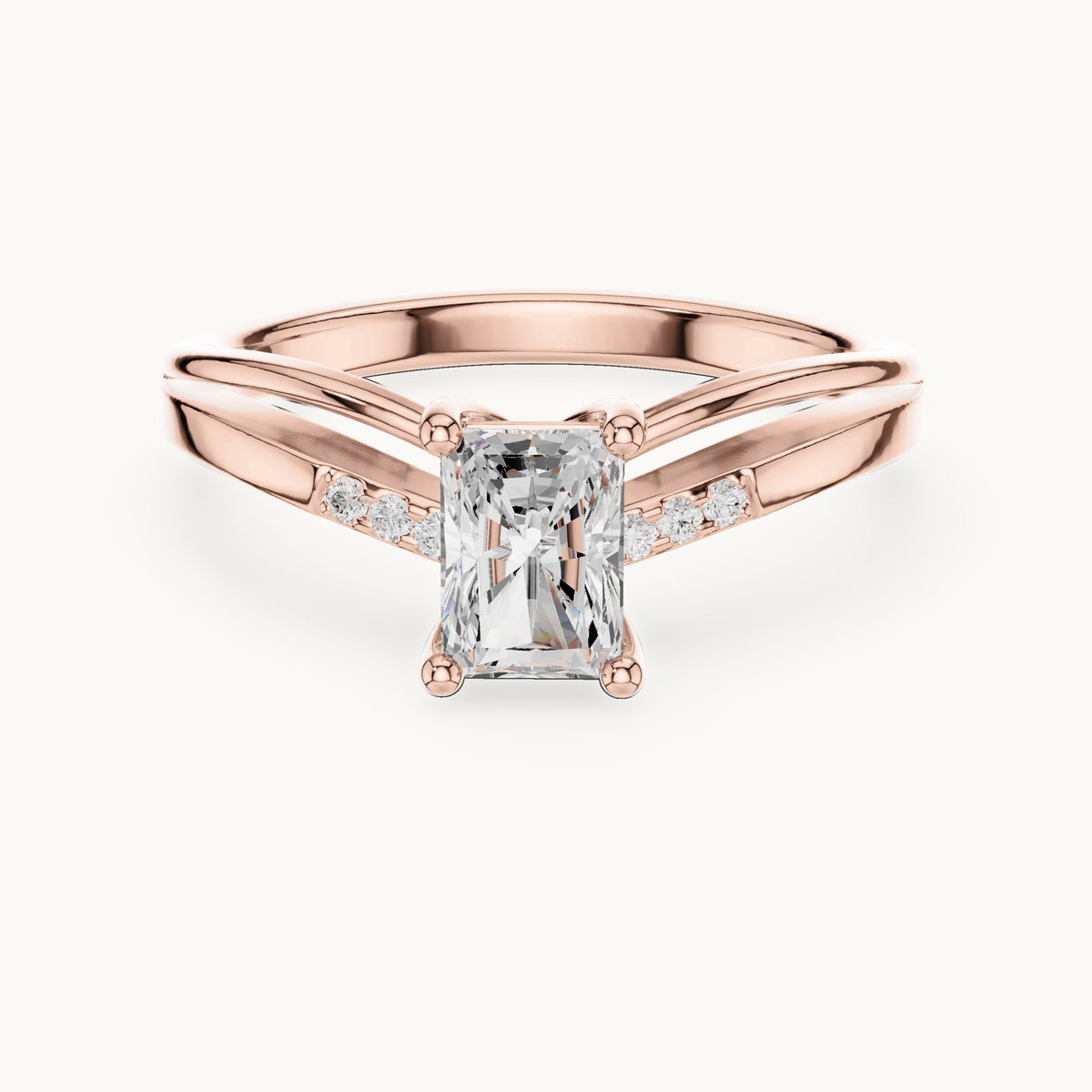 Radiant-cut lab-grown diamond cathedral engagement ring with accent diamonds in rose gold, 0.79 CT TW, view 4
