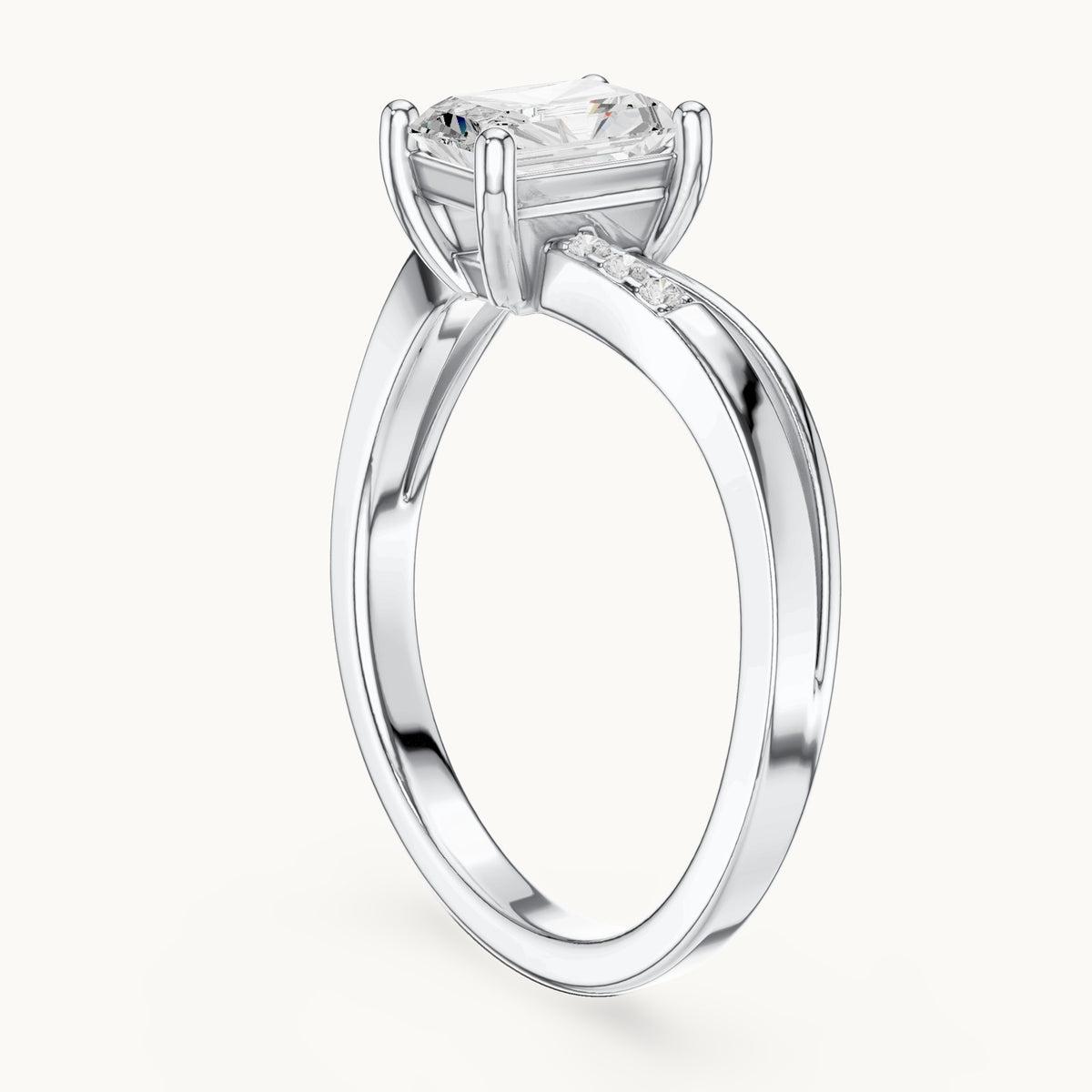 Radiant-cut lab-grown diamond cathedral engagement ring with accent diamonds in white gold, 0.79 CT TW, view 1
