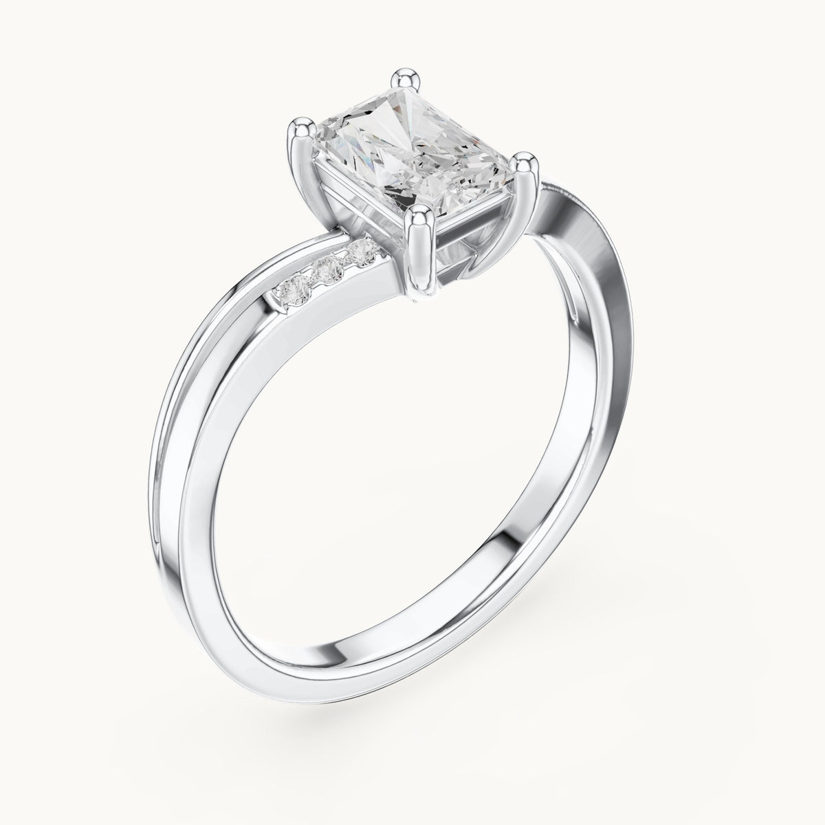 Radiant-cut lab-grown diamond cathedral engagement ring with accent diamonds in white gold, 0.79 CT TW, view 2