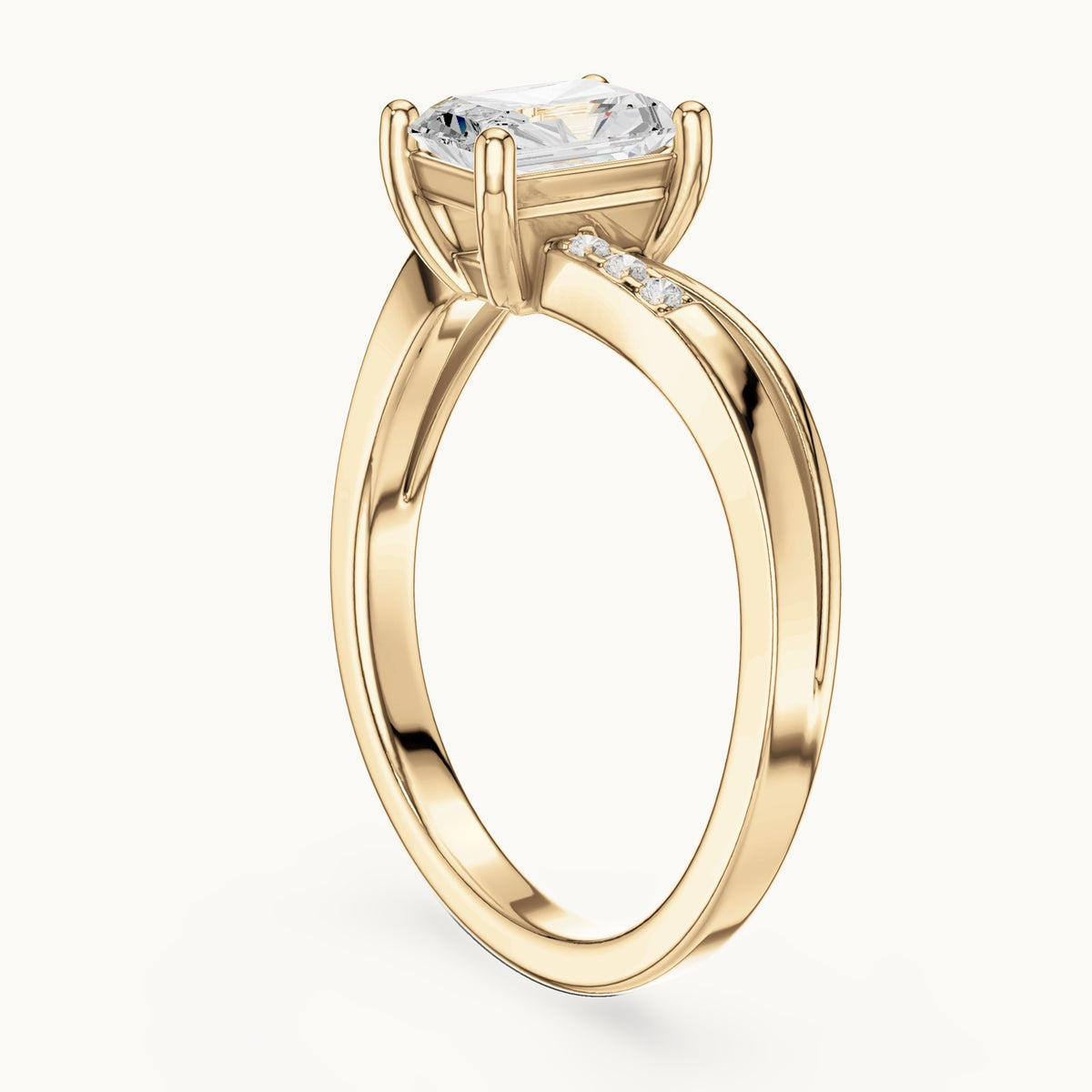 Radiant-cut lab-grown diamond cathedral engagement ring with accent diamonds in yellow gold, 0.79 CT TW, view 1