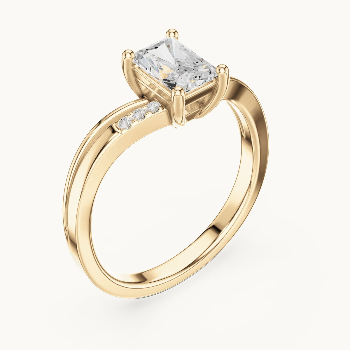 Radiant-cut lab-grown diamond cathedral engagement ring with accent diamonds in yellow gold, 0.79 CT TW, view 2