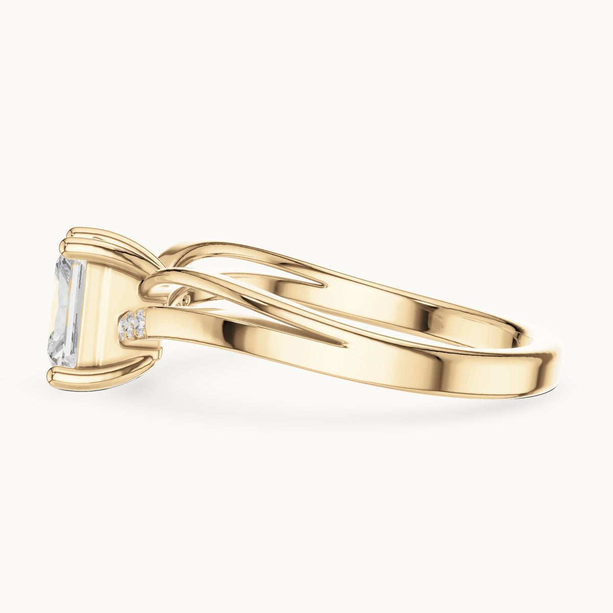 Radiant-cut lab-grown diamond cathedral engagement ring with accent diamonds in yellow gold, 0.79 CT TW, view 3