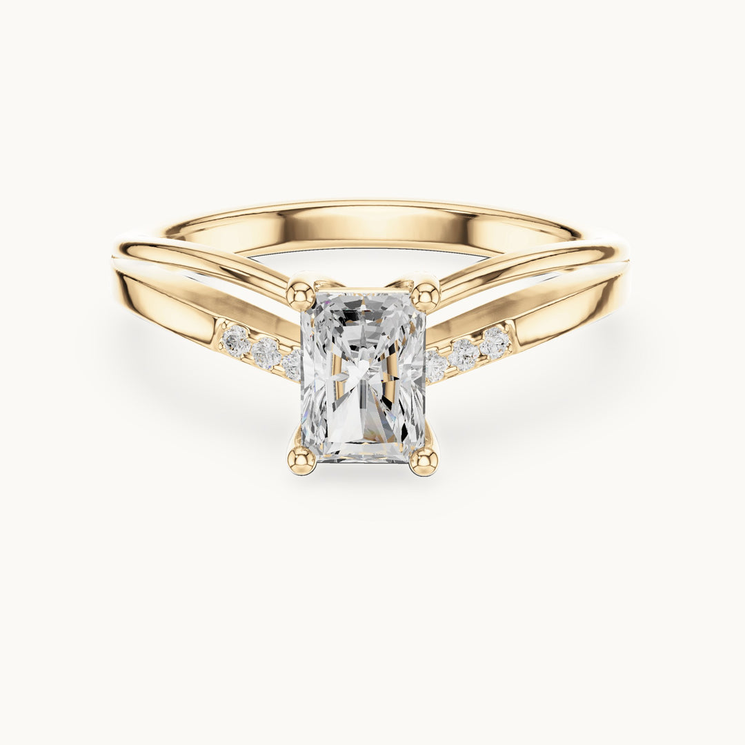 Radiant-cut lab-grown diamond cathedral engagement ring with accent diamonds in yellow gold, 0.79 CT TW, view 4