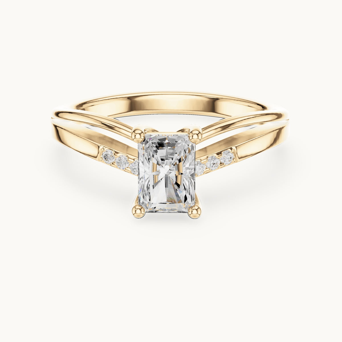 Radiant-cut lab-grown diamond cathedral engagement ring with accent diamonds in yellow gold, 0.79 CT TW, view 4