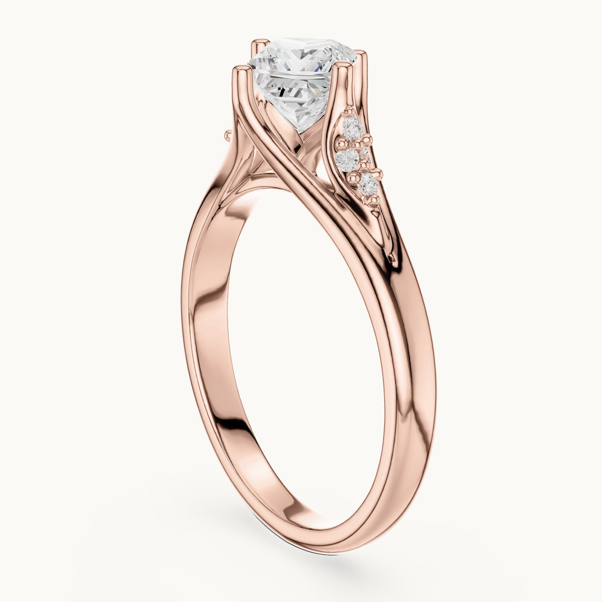 Princess-cut lab-grown diamond tapered split shank engagement ring with accent diamonds in rose gold, 0.63 CT TW, view 1