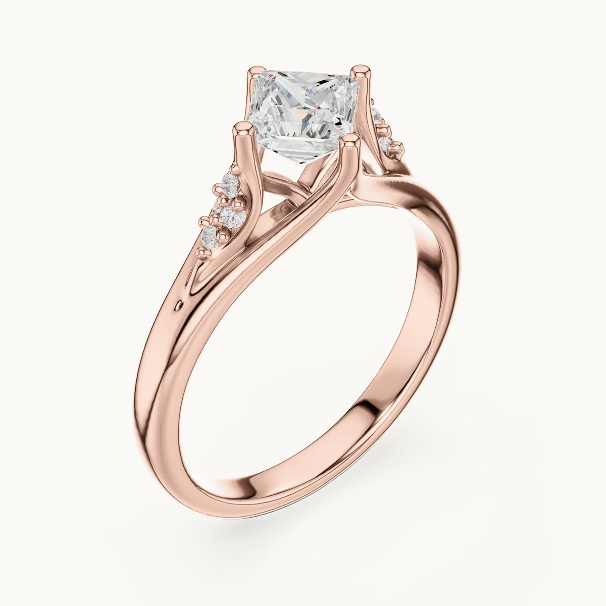 Princess-cut lab-grown diamond tapered split shank engagement ring with accent diamonds in rose gold, 0.63 CT TW, view 2