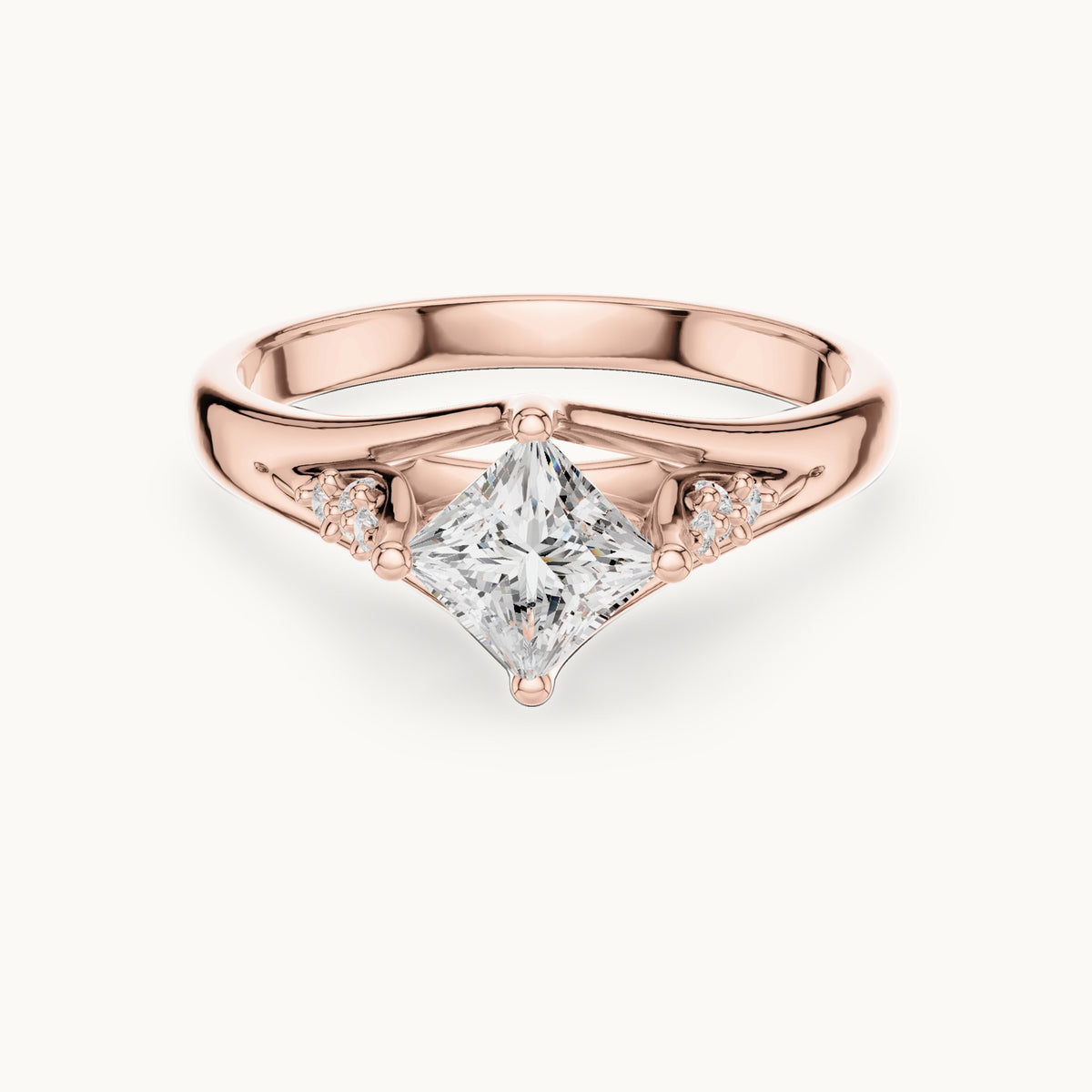 Princess-cut lab-grown diamond tapered split shank engagement ring with accent diamonds in rose gold, 0.63 CT TW, view 4