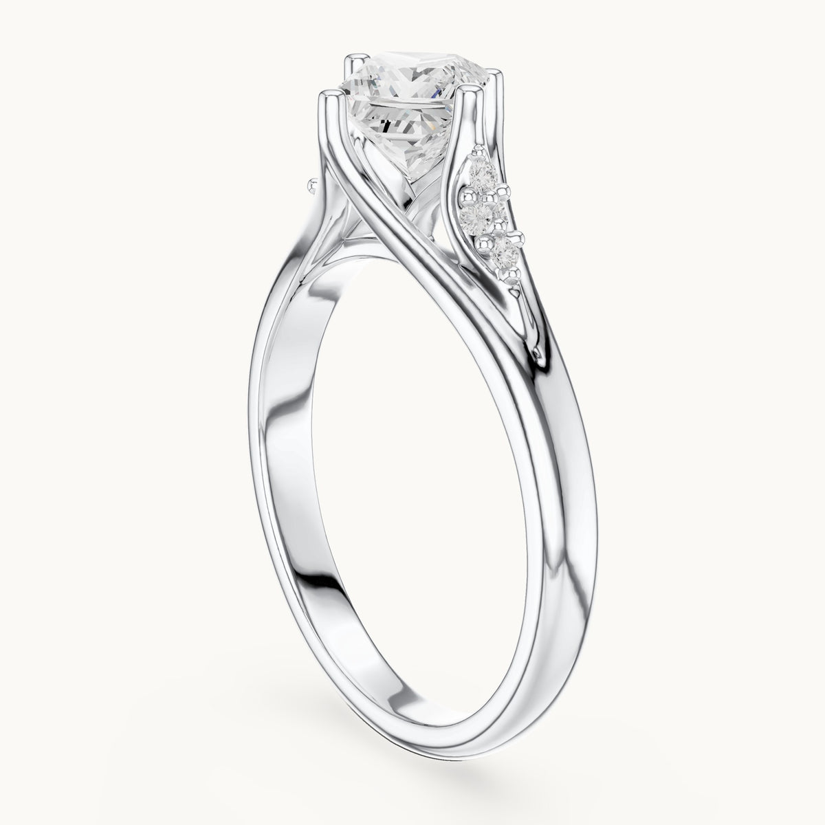 Princess-cut lab-grown diamond tapered split shank engagement ring with accent diamonds in white gold, 0.63 CT TW, view 1