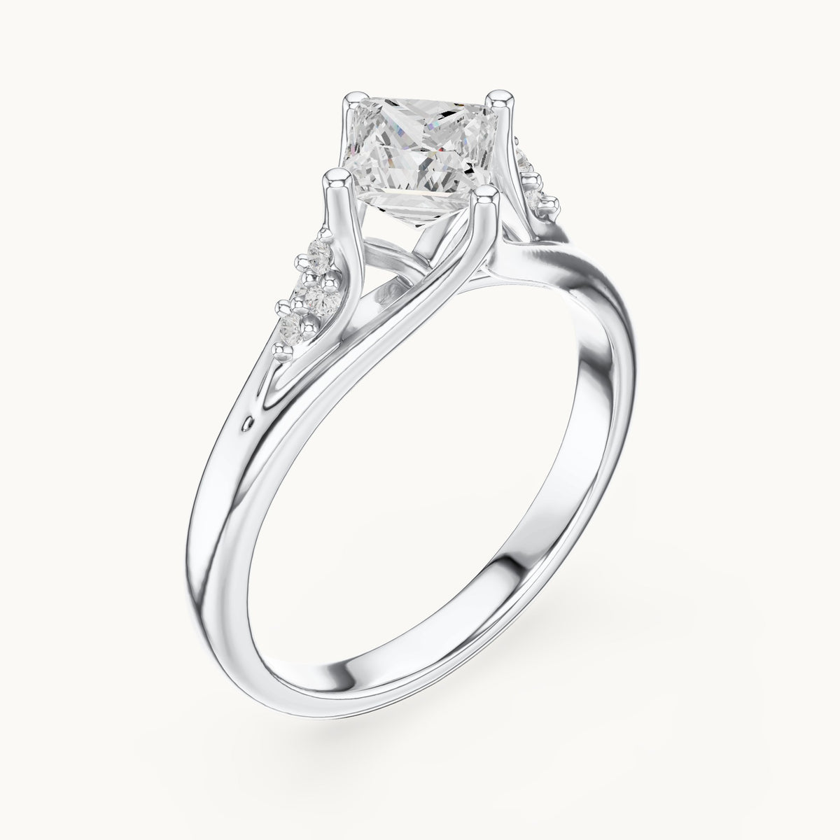 Princess-cut lab-grown diamond tapered split shank engagement ring with accent diamonds in white gold, 0.63 CT TW, view 2