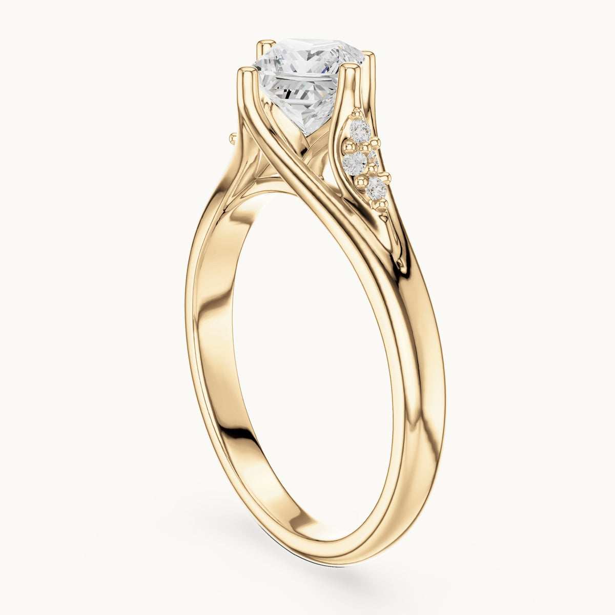 Princess-cut lab-grown diamond tapered split shank engagement ring with accent diamonds in yellow gold, 0.63 CT TW, view 1