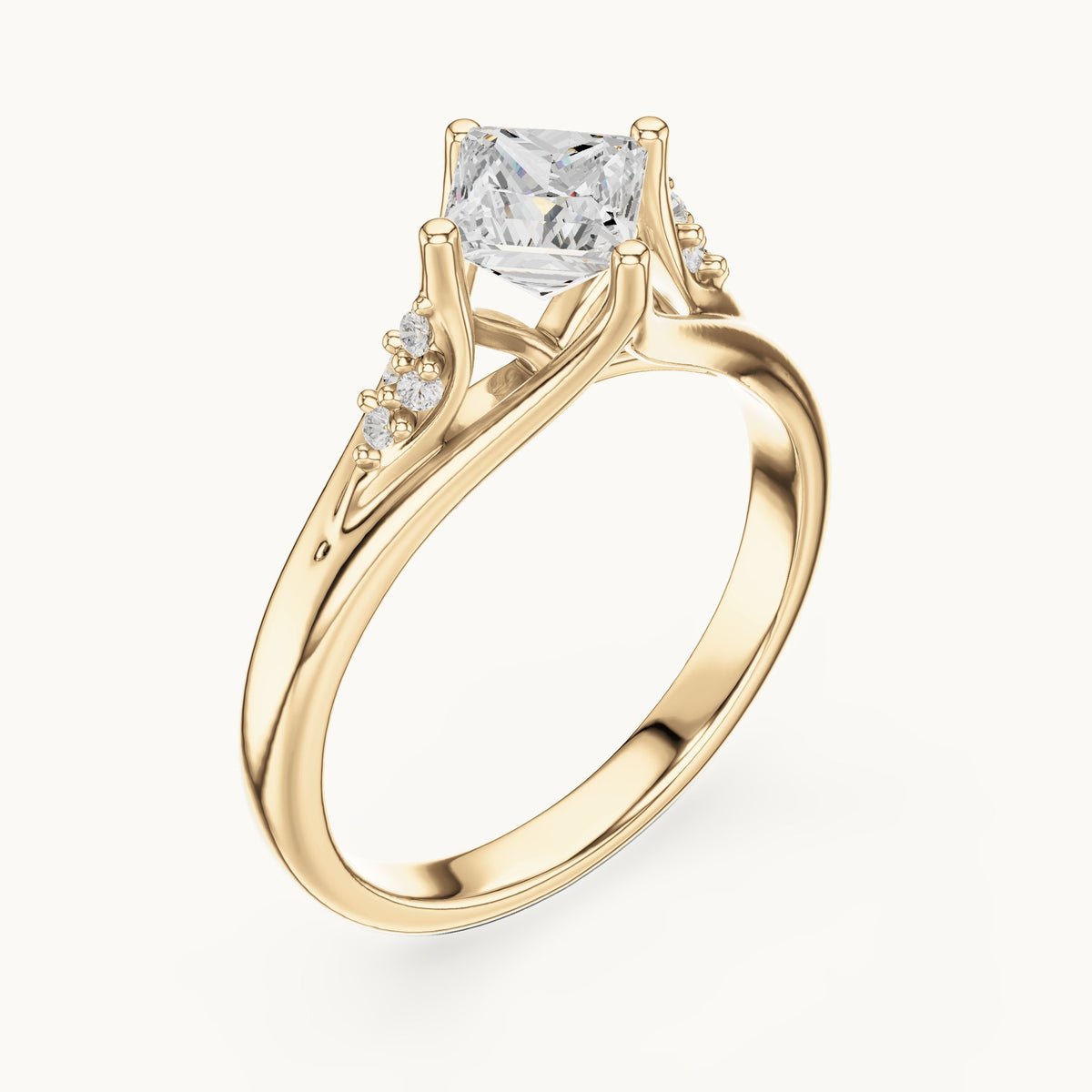 Princess-cut lab-grown diamond tapered split shank engagement ring with accent diamonds in yellow gold, 0.63 CT TW, view 2