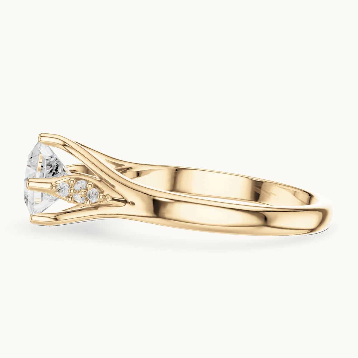 Princess-cut lab-grown diamond tapered split shank engagement ring with accent diamonds in yellow gold, 0.63 CT TW, view 3
