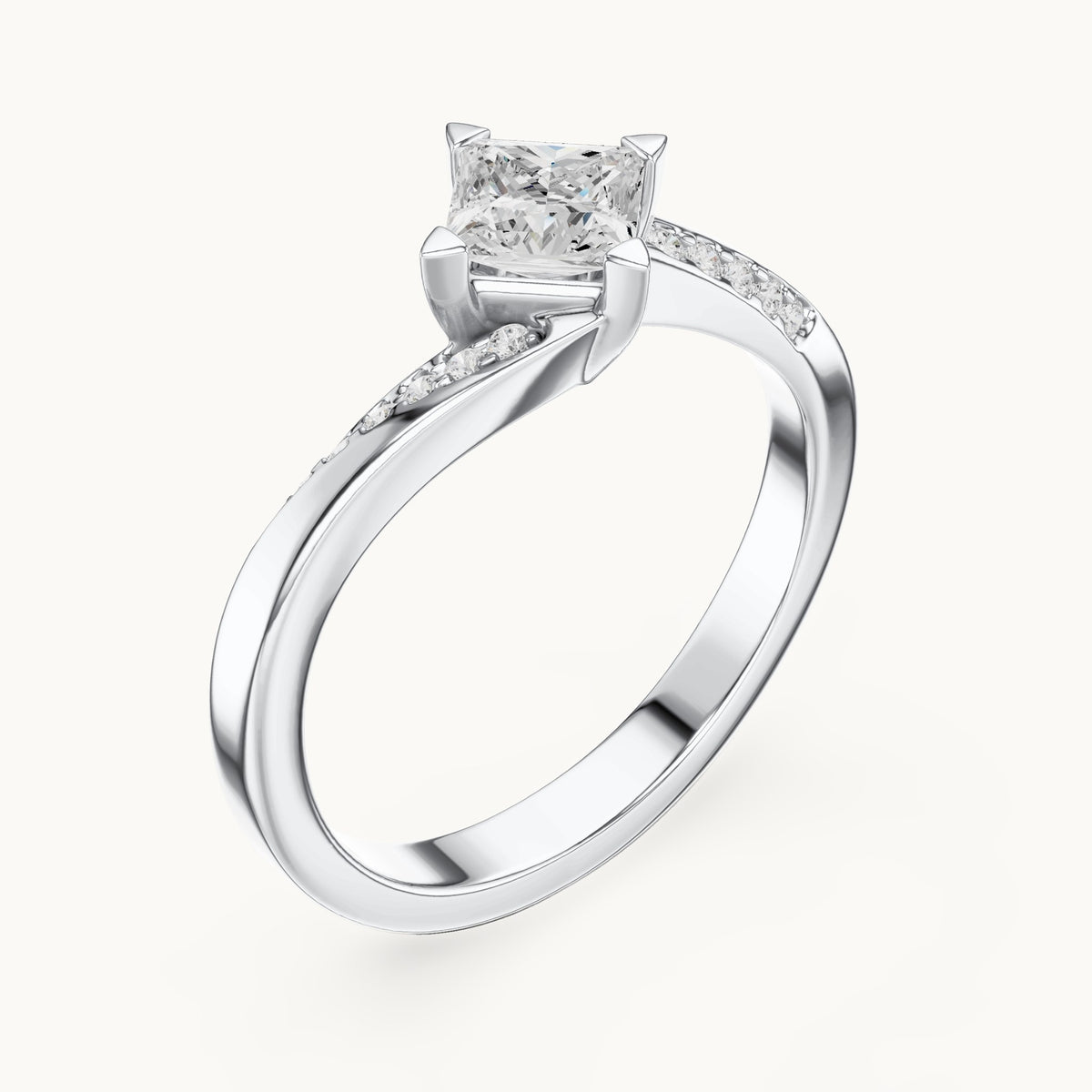 Princess-cut lab-grown diamond bypass solitaire engagement ring in white gold, 0.65 CT TW, view 2