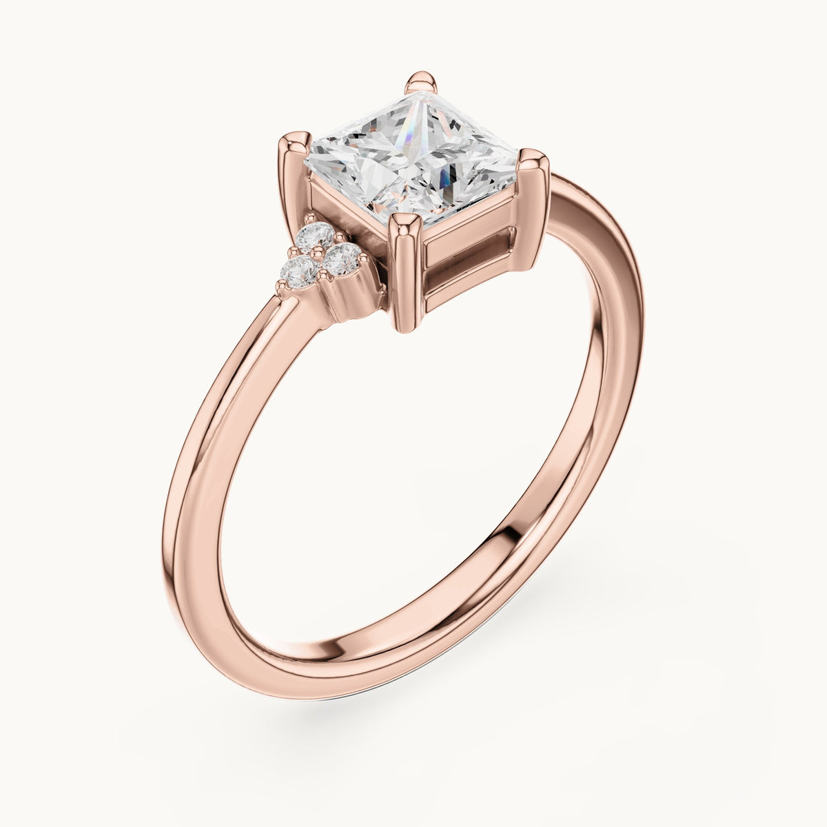 Princess-cut and round lab-grown diamond engagement ring with side clusters in rose gold, 0.92 CT TW, view 2