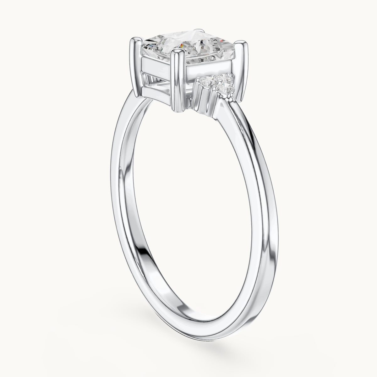 Princess-cut and round lab-grown diamond engagement ring with side clusters in white gold, 0.92 CT TW, view 1