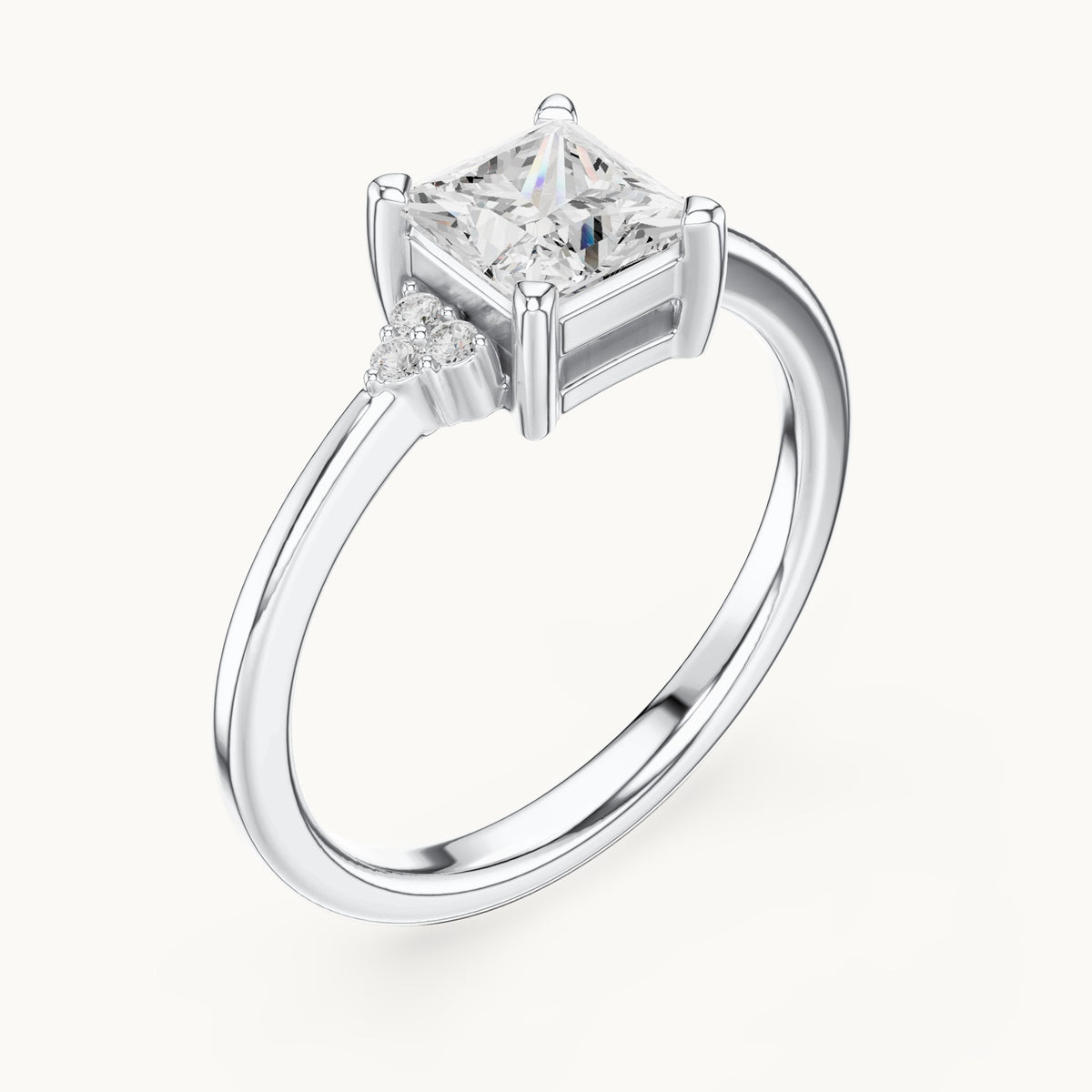 Princess-cut and round lab-grown diamond engagement ring with side clusters in white gold, 0.92 CT TW, view 2