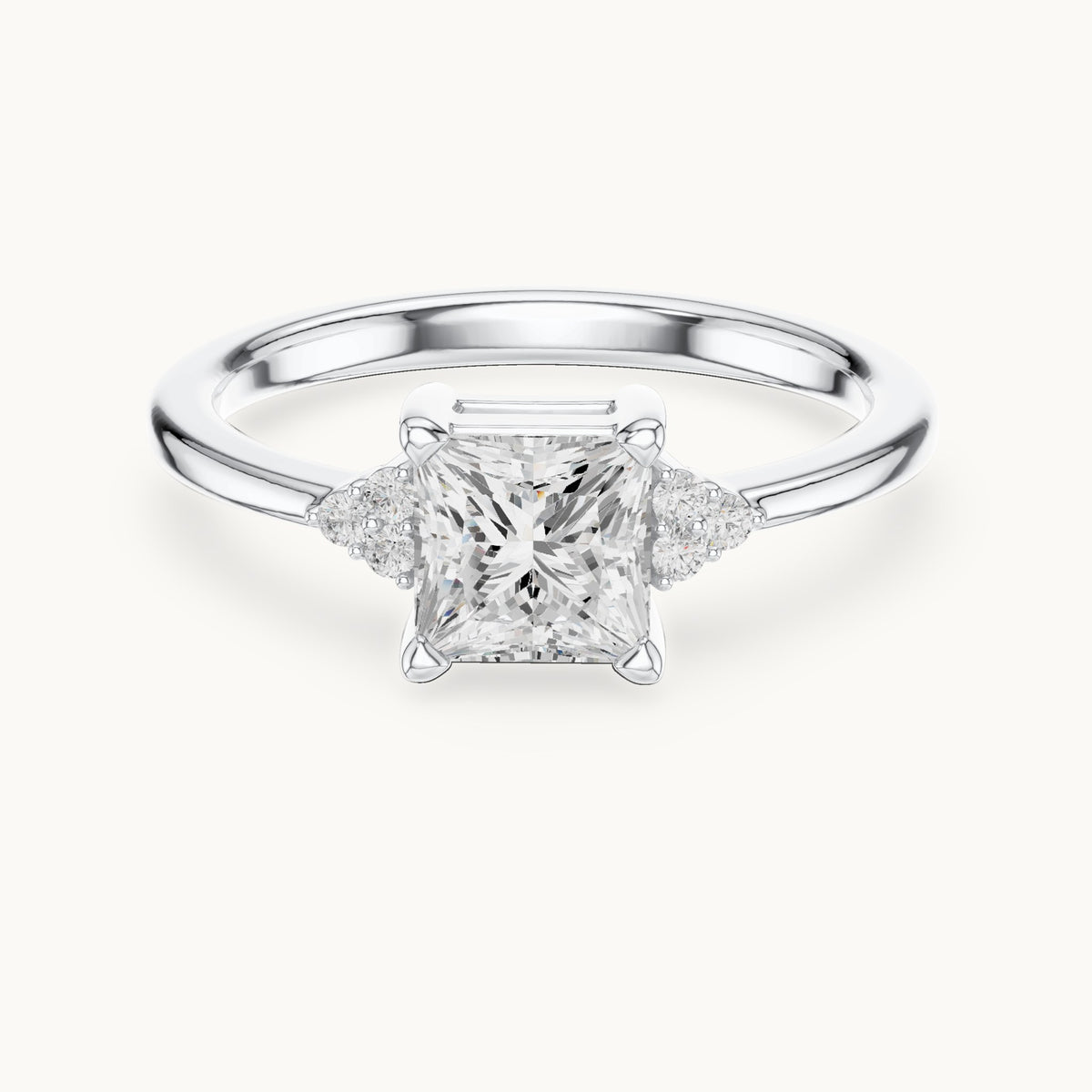 Princess-cut and round lab-grown diamond engagement ring with side clusters in white gold, 0.92 CT TW, view 4
