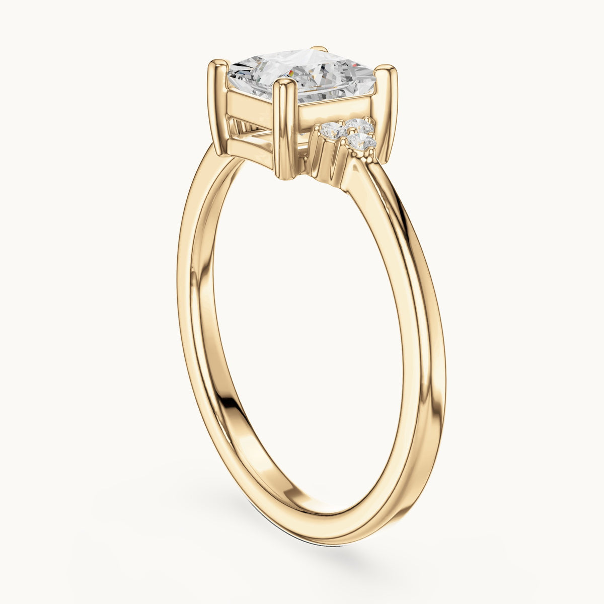 Princess-cut and round lab-grown diamond engagement ring with side clusters in yellow gold, 0.92 CT TW, view 1