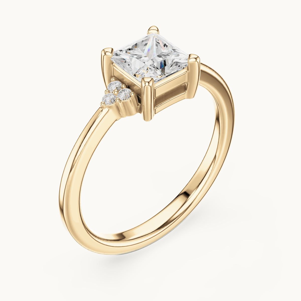 Princess-cut and round lab-grown diamond engagement ring with side clusters in yellow gold, 0.92 CT TW, view 2