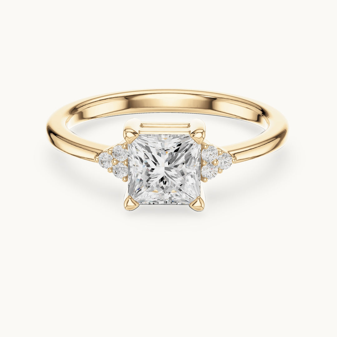 Princess-cut and round lab-grown diamond engagement ring with side clusters in yellow gold, 0.92 CT TW, view 4