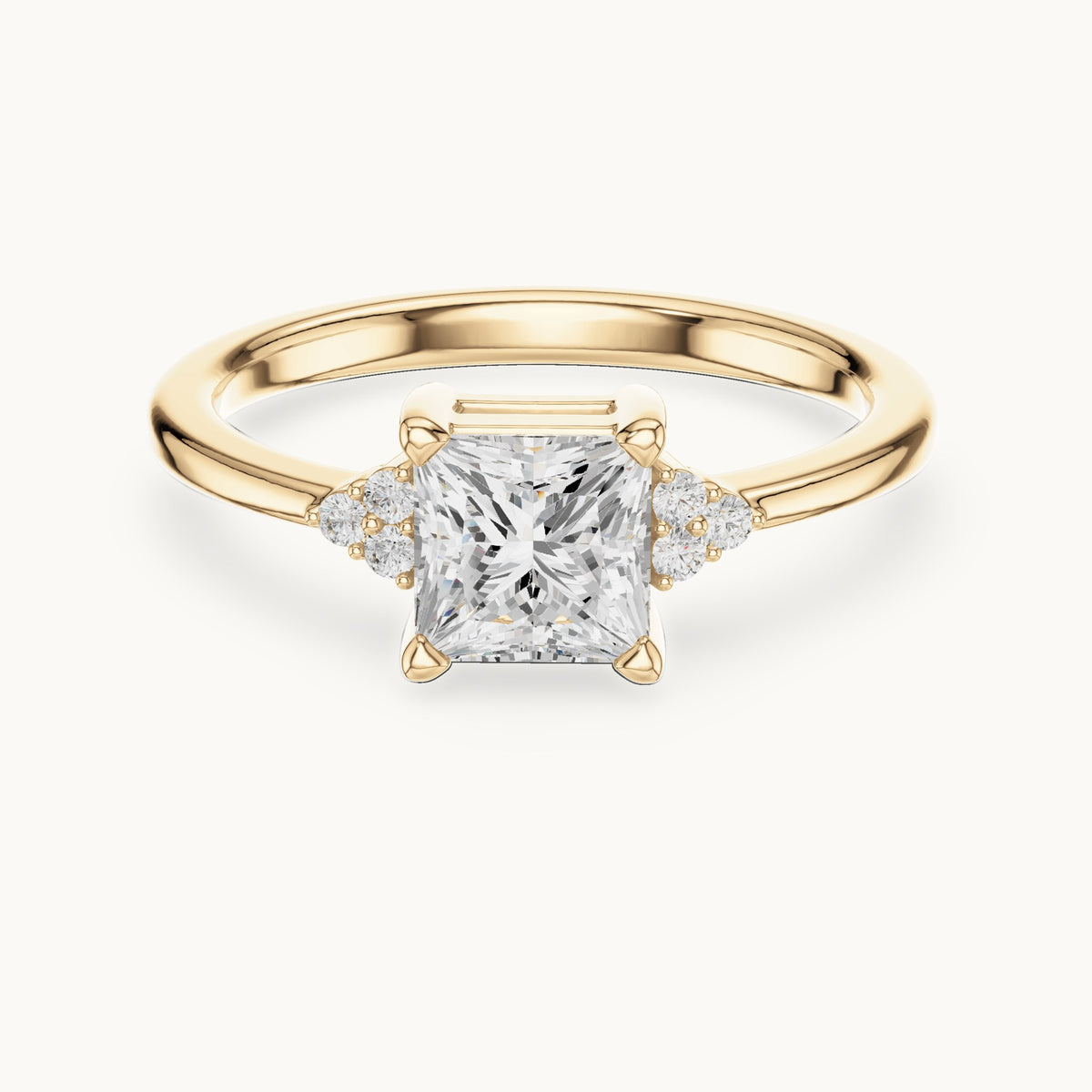 Princess-cut and round lab-grown diamond engagement ring with side clusters in yellow gold, 0.92 CT TW, view 4