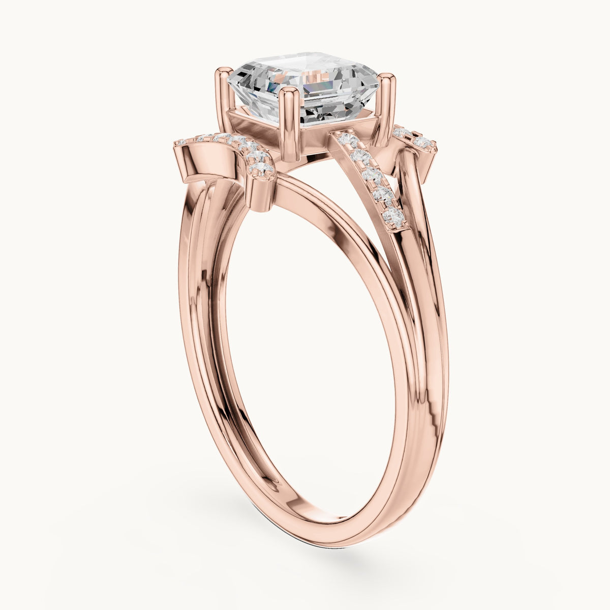 Square emerald-cut and round lab-grown diamond split shank engagement ring in rose gold, 1.20 CT TW, view 1