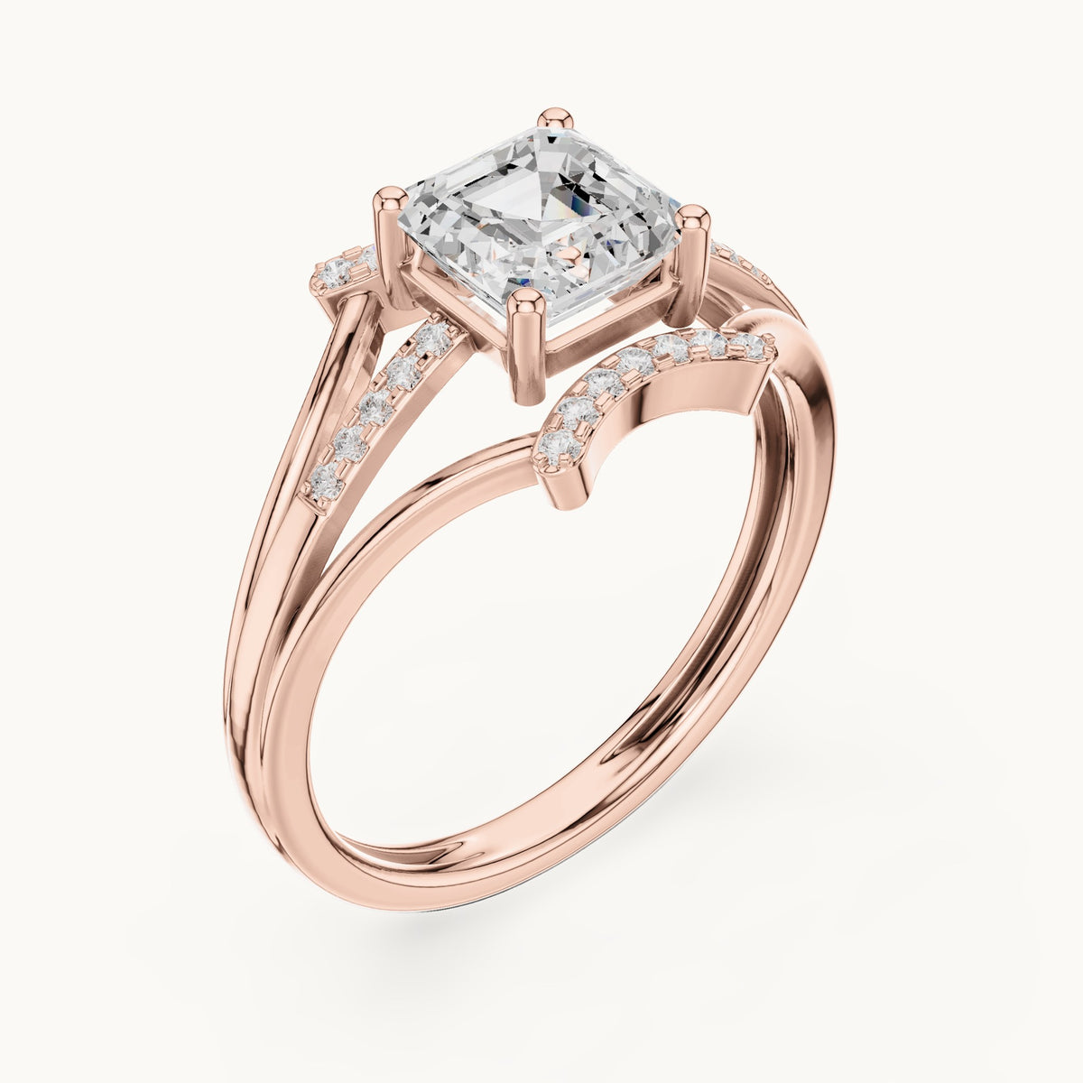 Square emerald-cut and round lab-grown diamond split shank engagement ring in rose gold, 1.20 CT TW, view 2