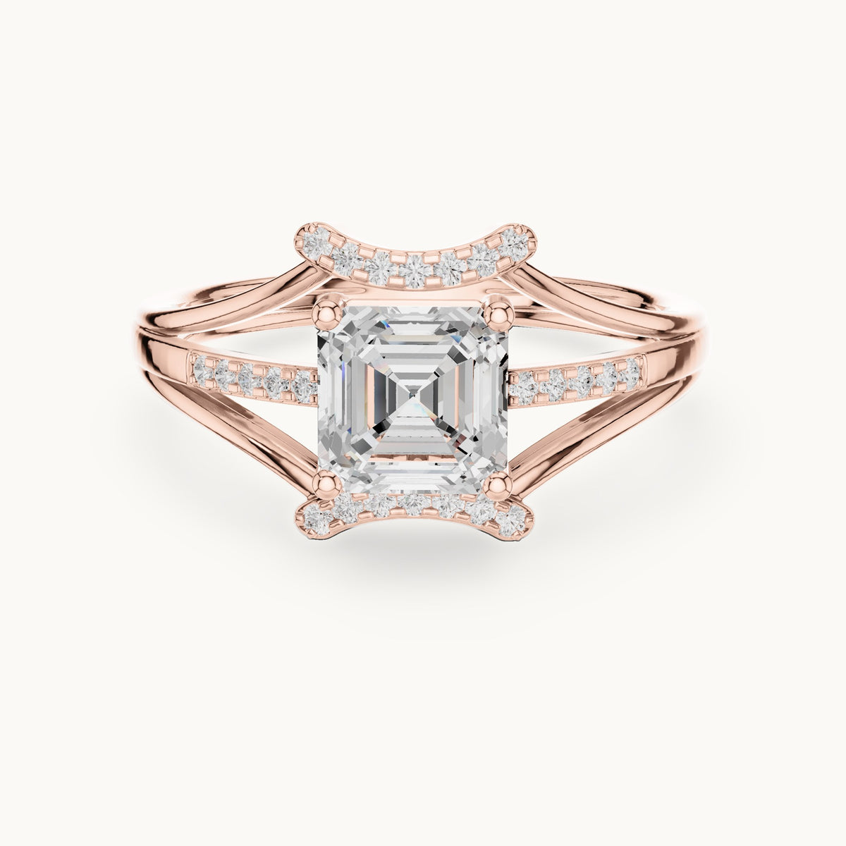 Square emerald-cut and round lab-grown diamond split shank engagement ring in rose gold, 1.20 CT TW, view 4