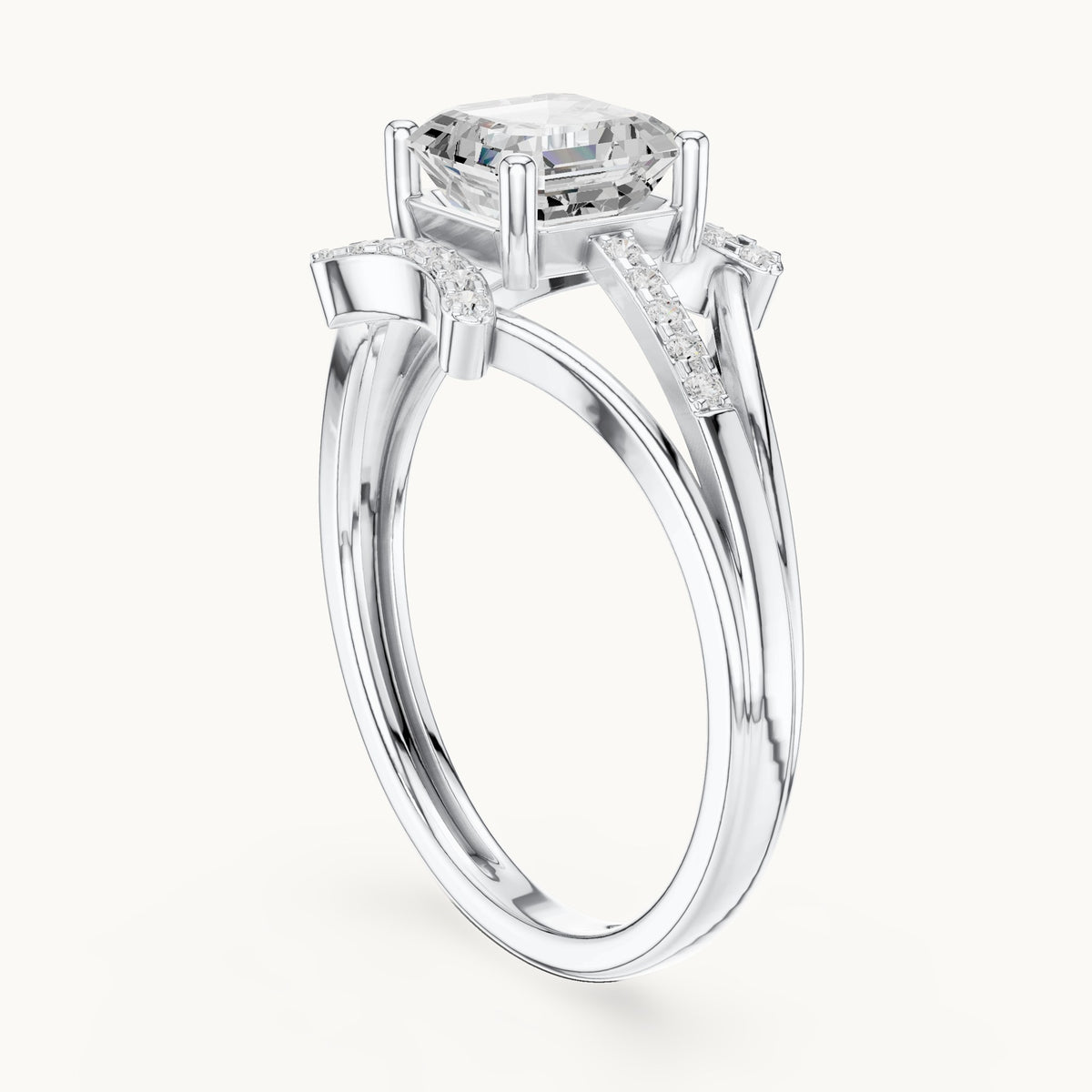 Square emerald-cut and round lab-grown diamond split shank engagement ring in white gold, 1.20 CT TW, view 1