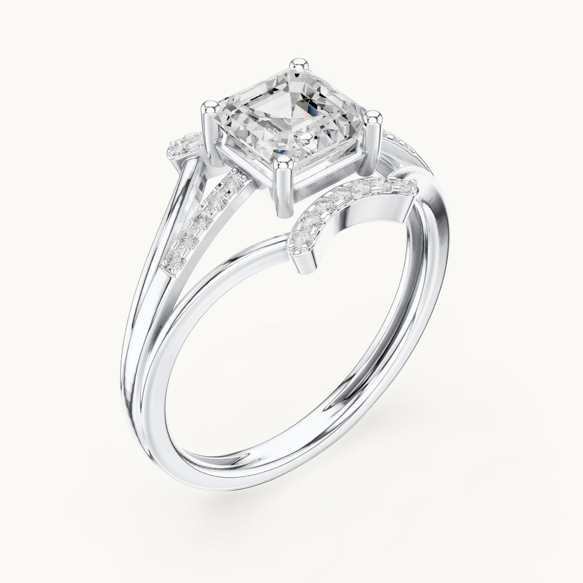 Square emerald-cut and round lab-grown diamond split shank engagement ring in white gold, 1.20 CT TW, view 2