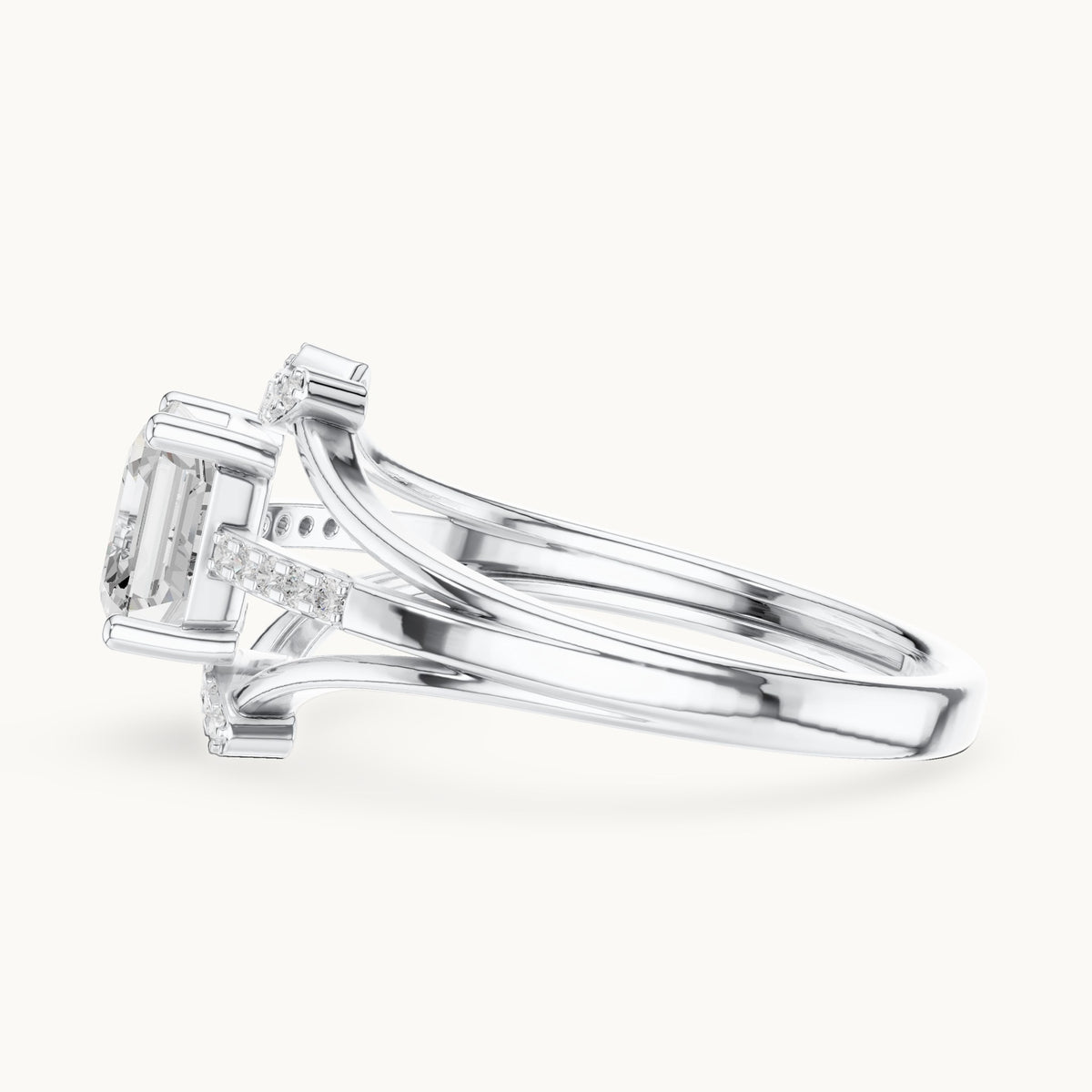 Square emerald-cut and round lab-grown diamond split shank engagement ring in white gold, 1.20 CT TW, view 3