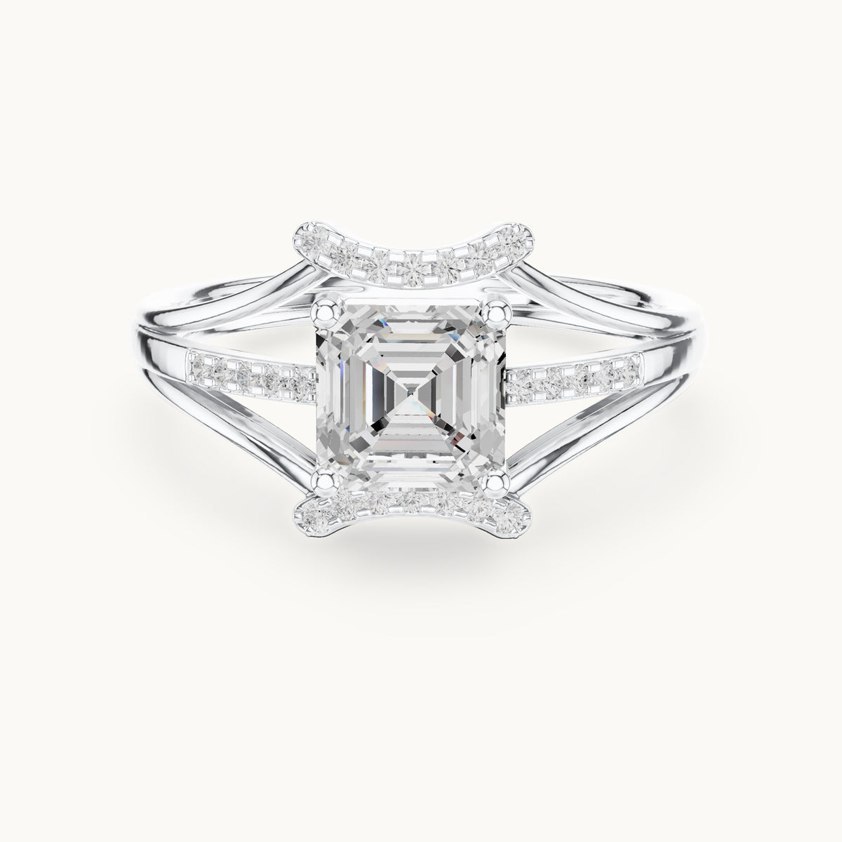 Square emerald-cut and round lab-grown diamond split shank engagement ring in white gold, 1.20 CT TW, view 4