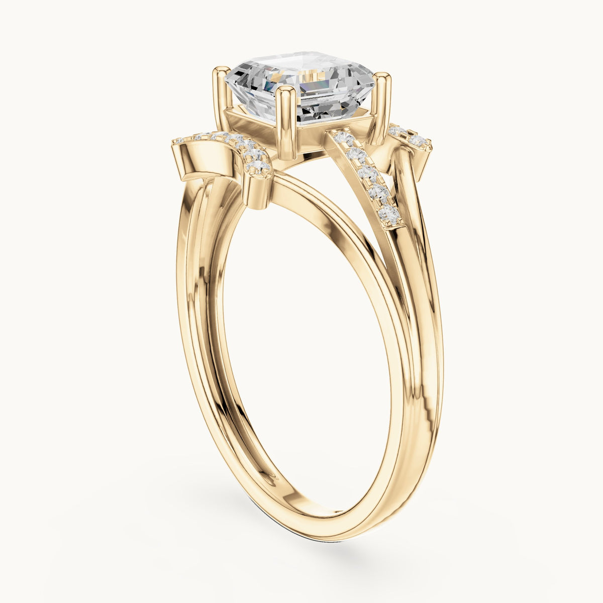 Square emerald-cut and round lab-grown diamond split shank engagement ring in yellow gold, 1.20 CT TW, view 1